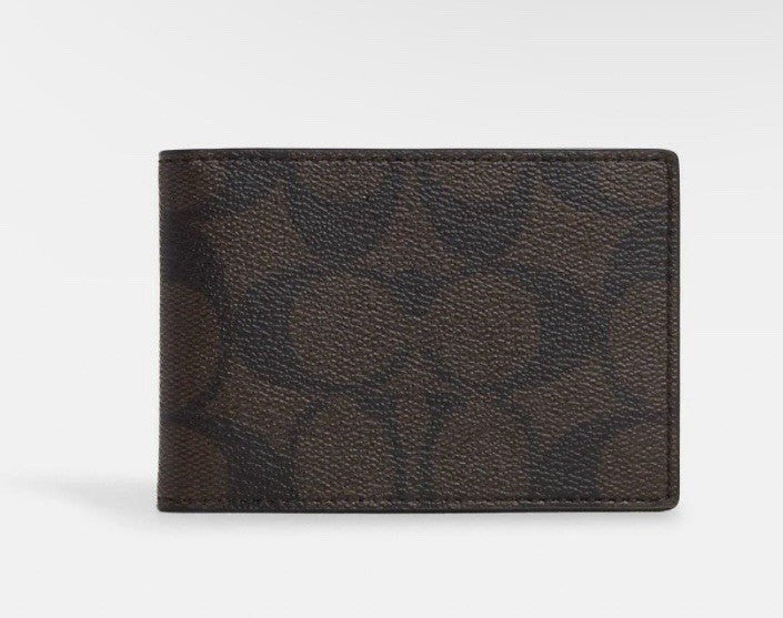 COACH Men's Brown Signature Coated Canvas ID Billfold Wallet