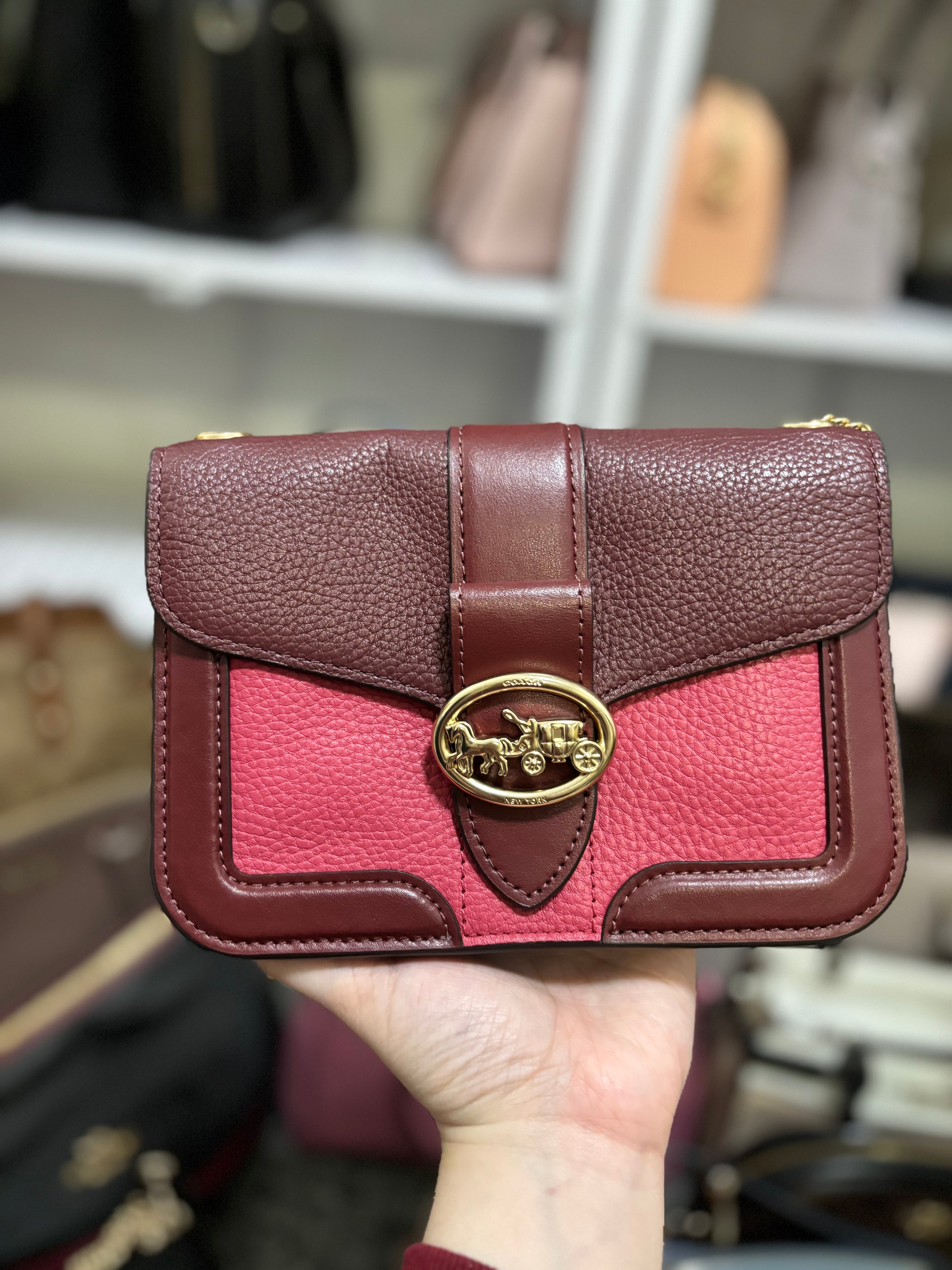 COACH Georgie Colorblock Oxblood/Wine Pebble Leather Mini Crossbody