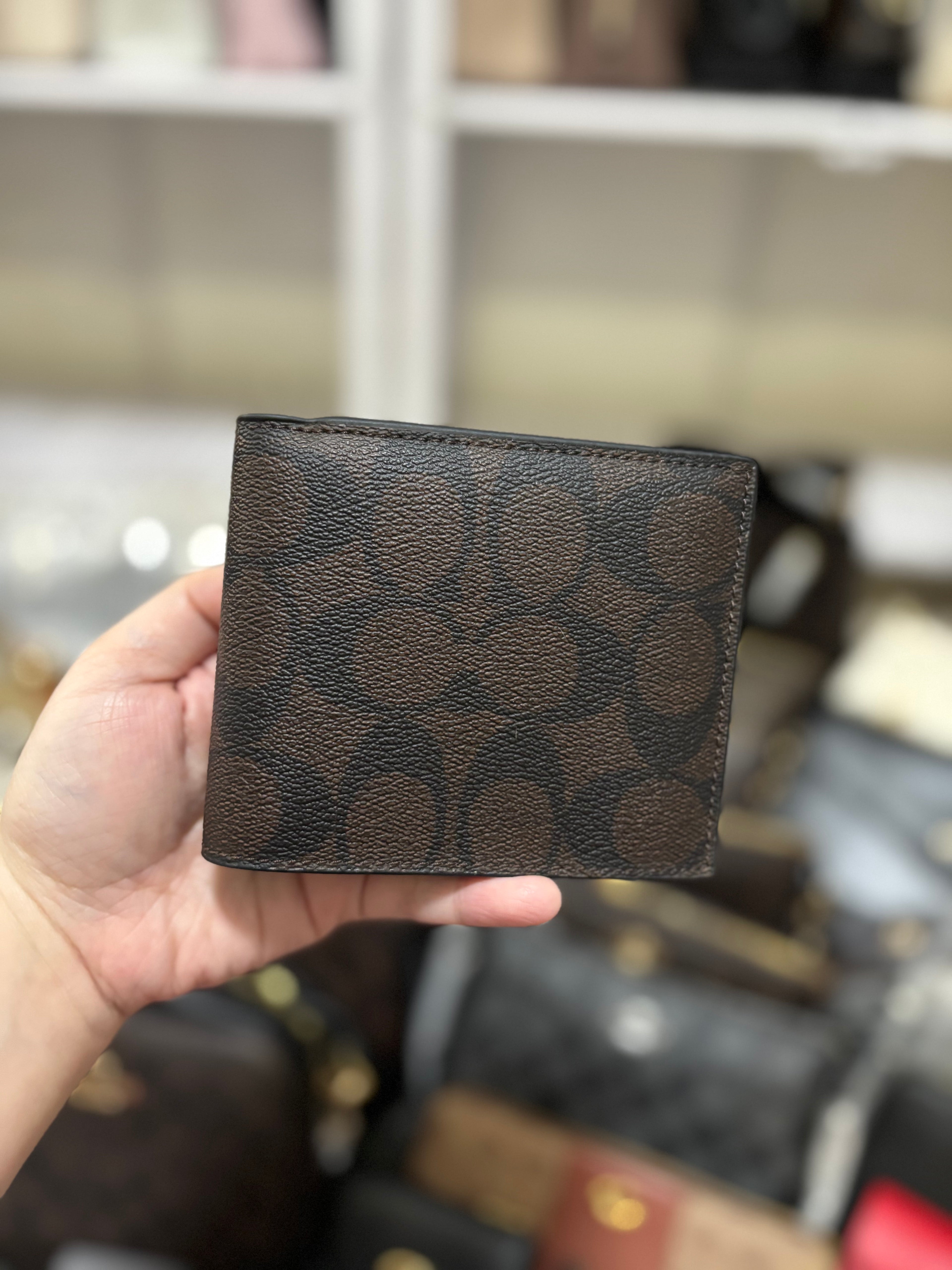 COACH Men's Brown Signature Coated Canvas ID Billfold Wallet