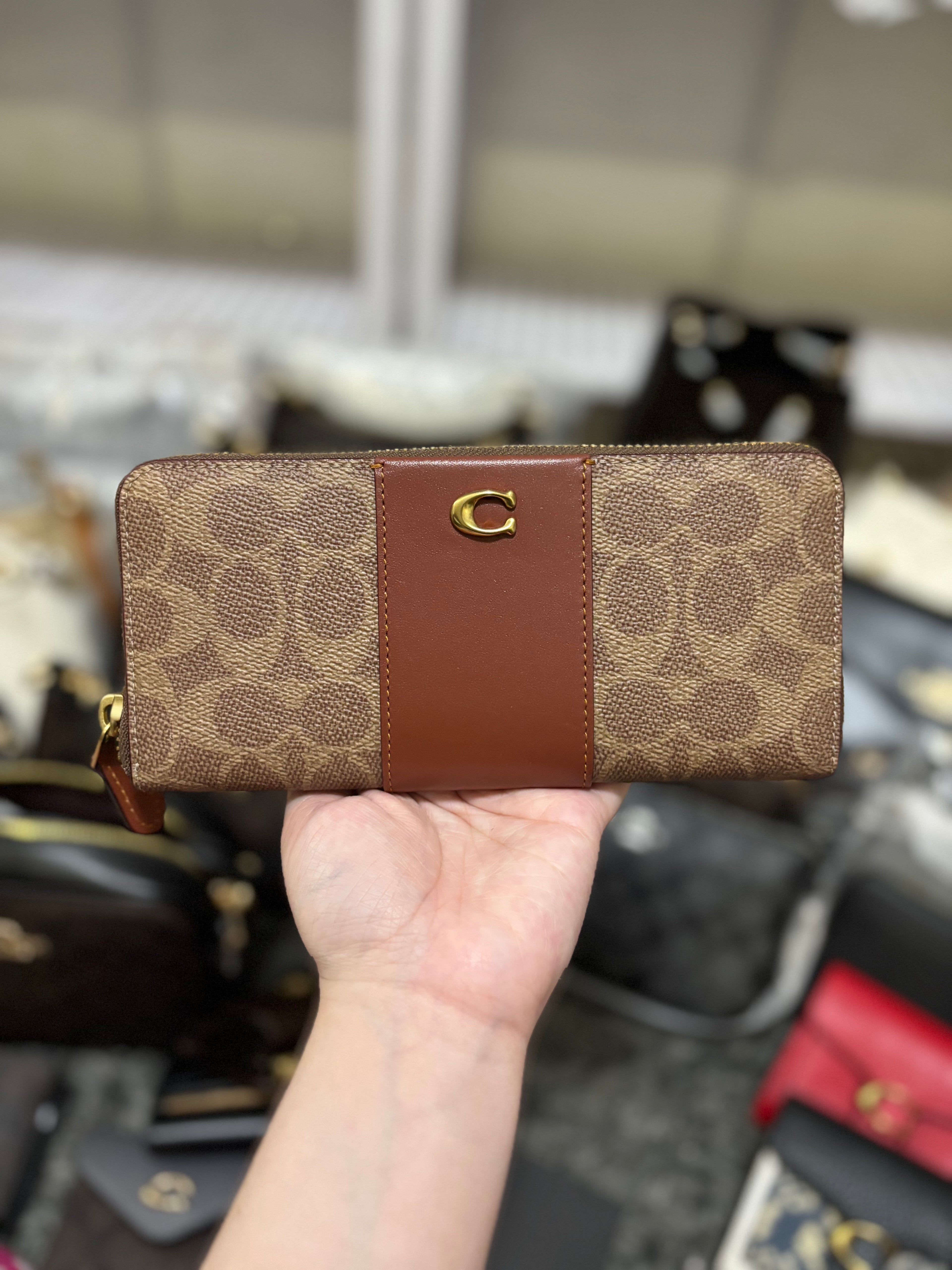 COACH Essential Slim Accordion Zip Wallet In Signature Canvas Tan Rust