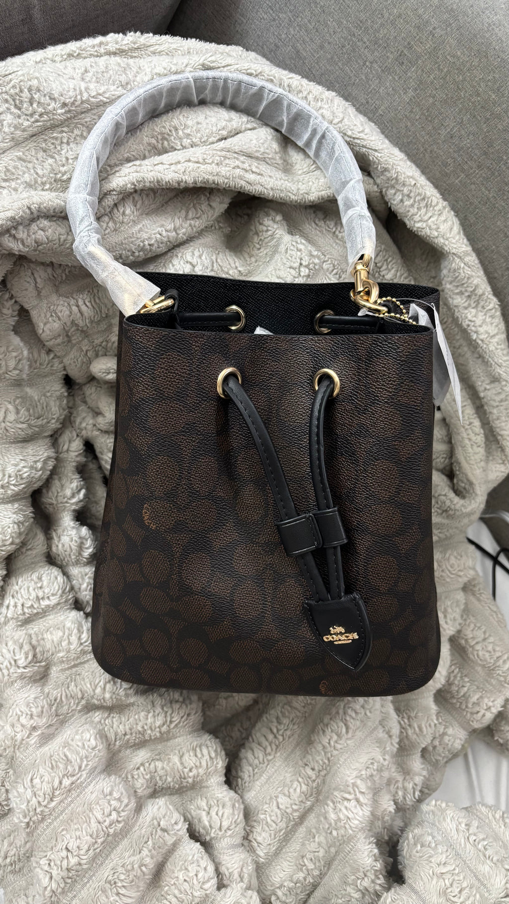 COACH Rowan Bucket Brown Bag In Signature Canvas with Pouch