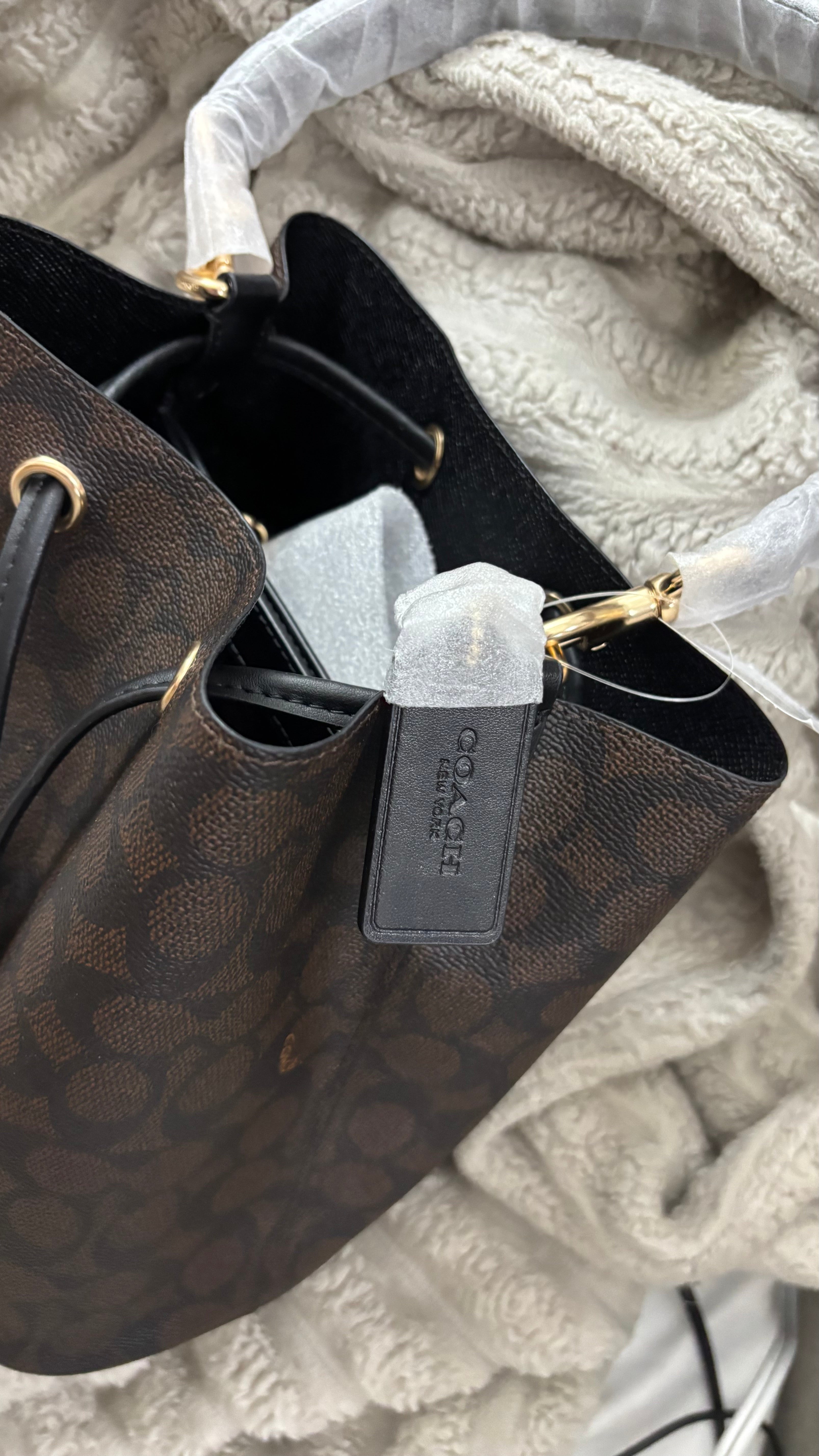 COACH Rowan Bucket Brown Bag In Signature Canvas with Pouch