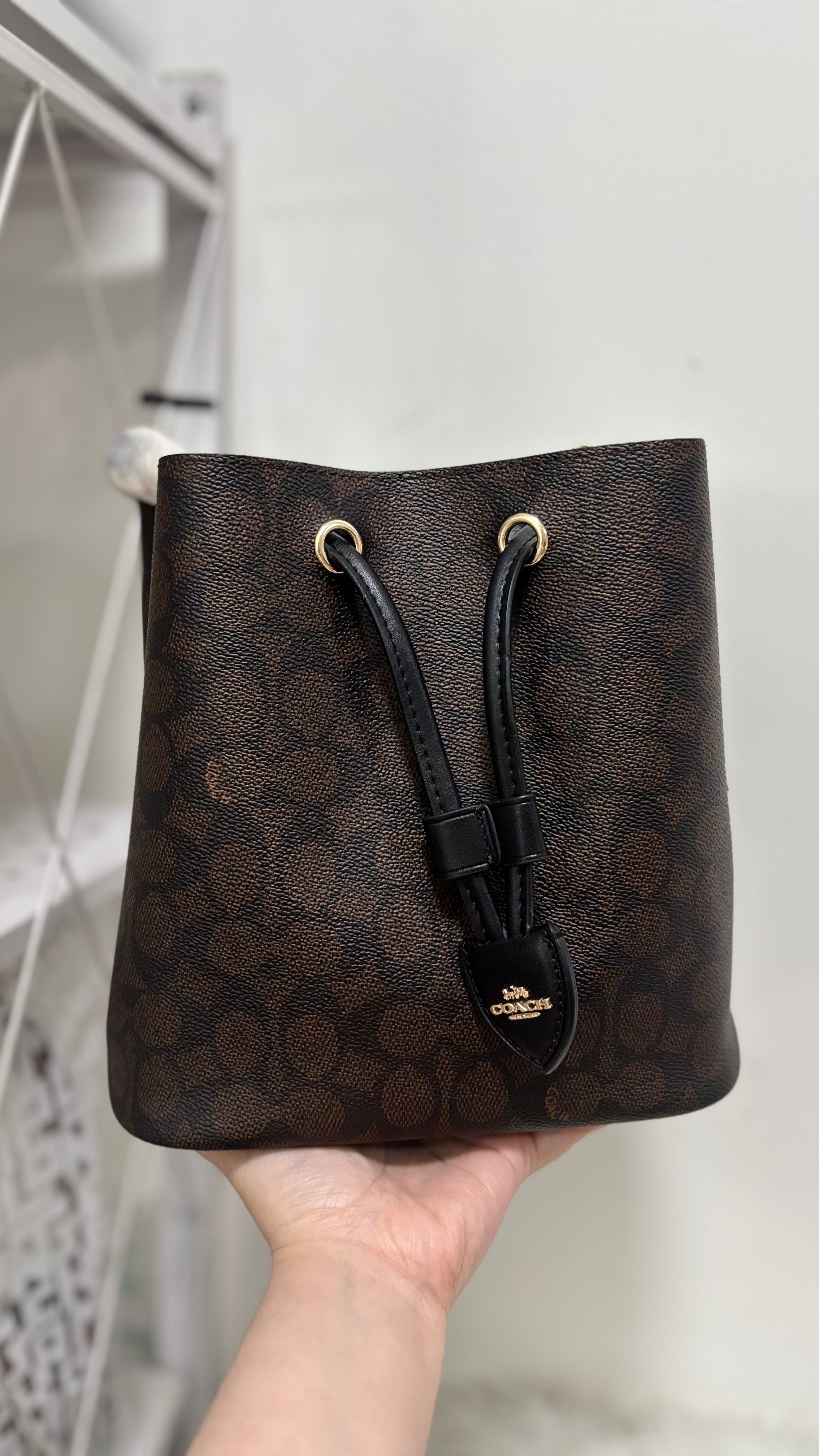 COACH Rowan Bucket Brown Bag In Signature Canvas with Pouch