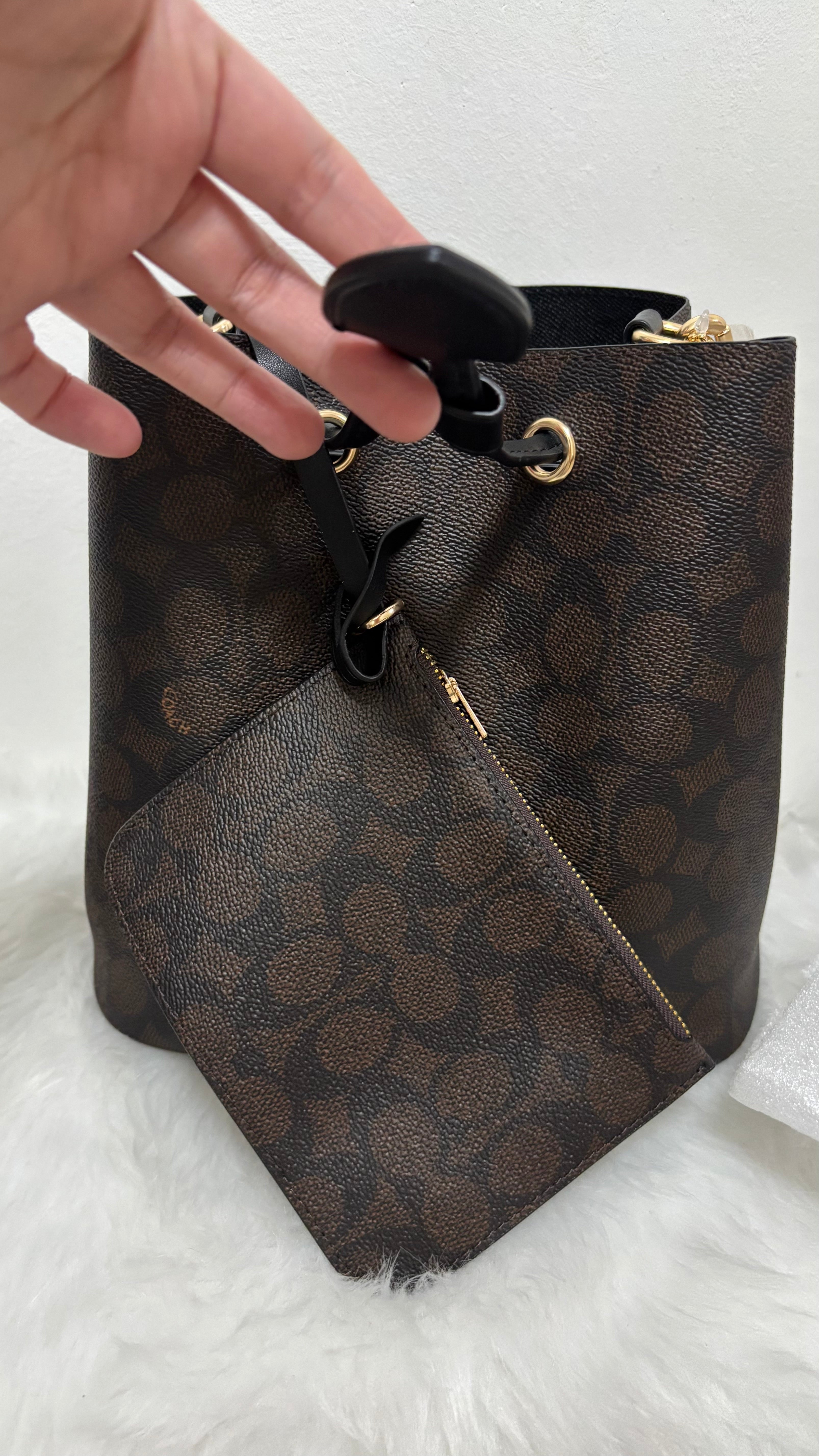 COACH Rowan Bucket Brown Bag In Signature Canvas with Pouch