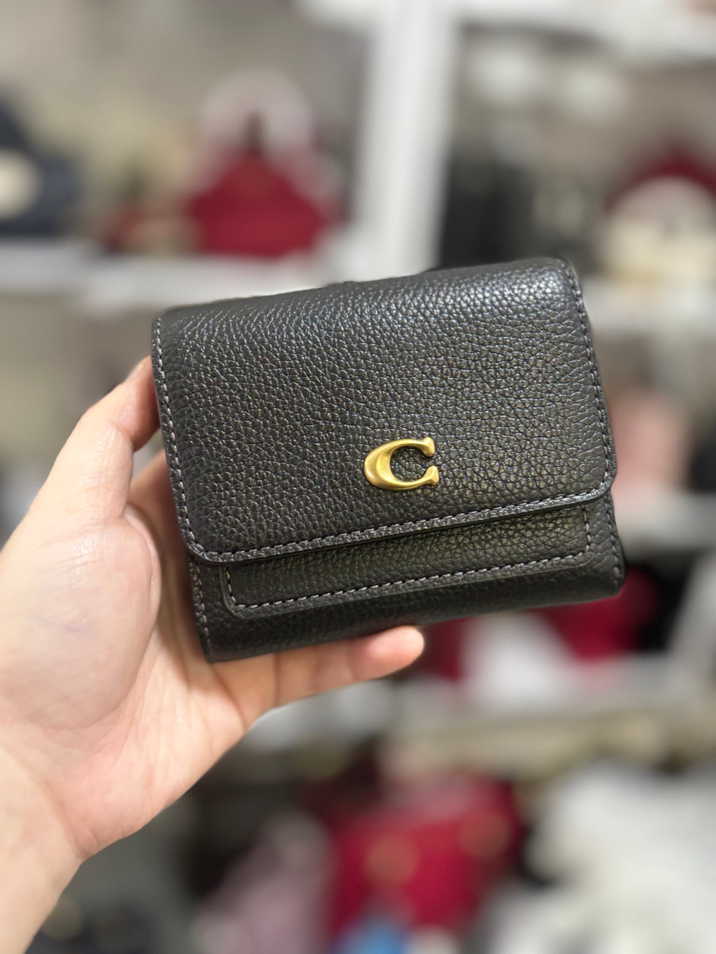 COACH Mila Trifold Pebbled Wallet - Black