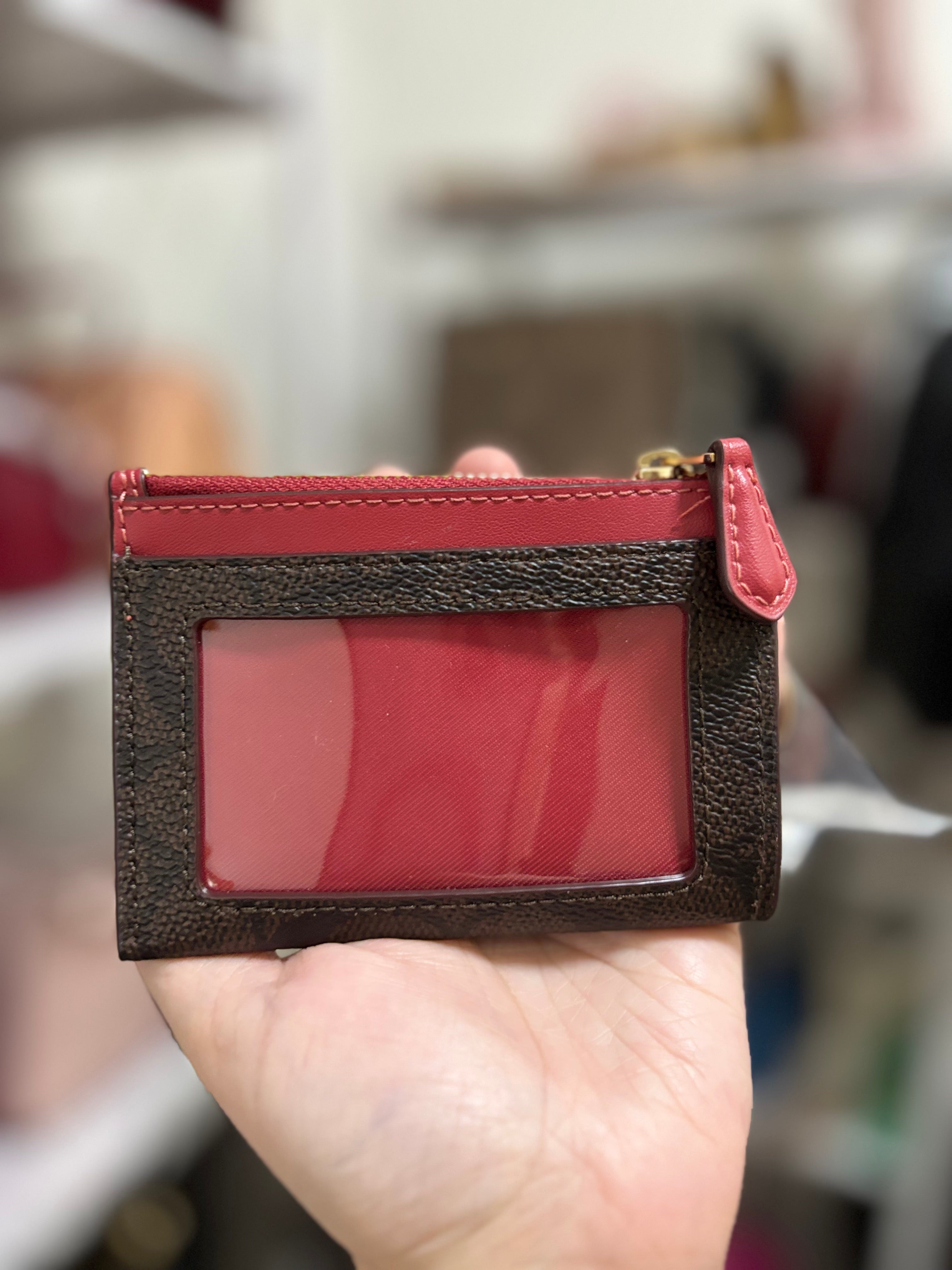 COACH Mini Skinny Id Case In Signature Canvas - Mahogany/Red