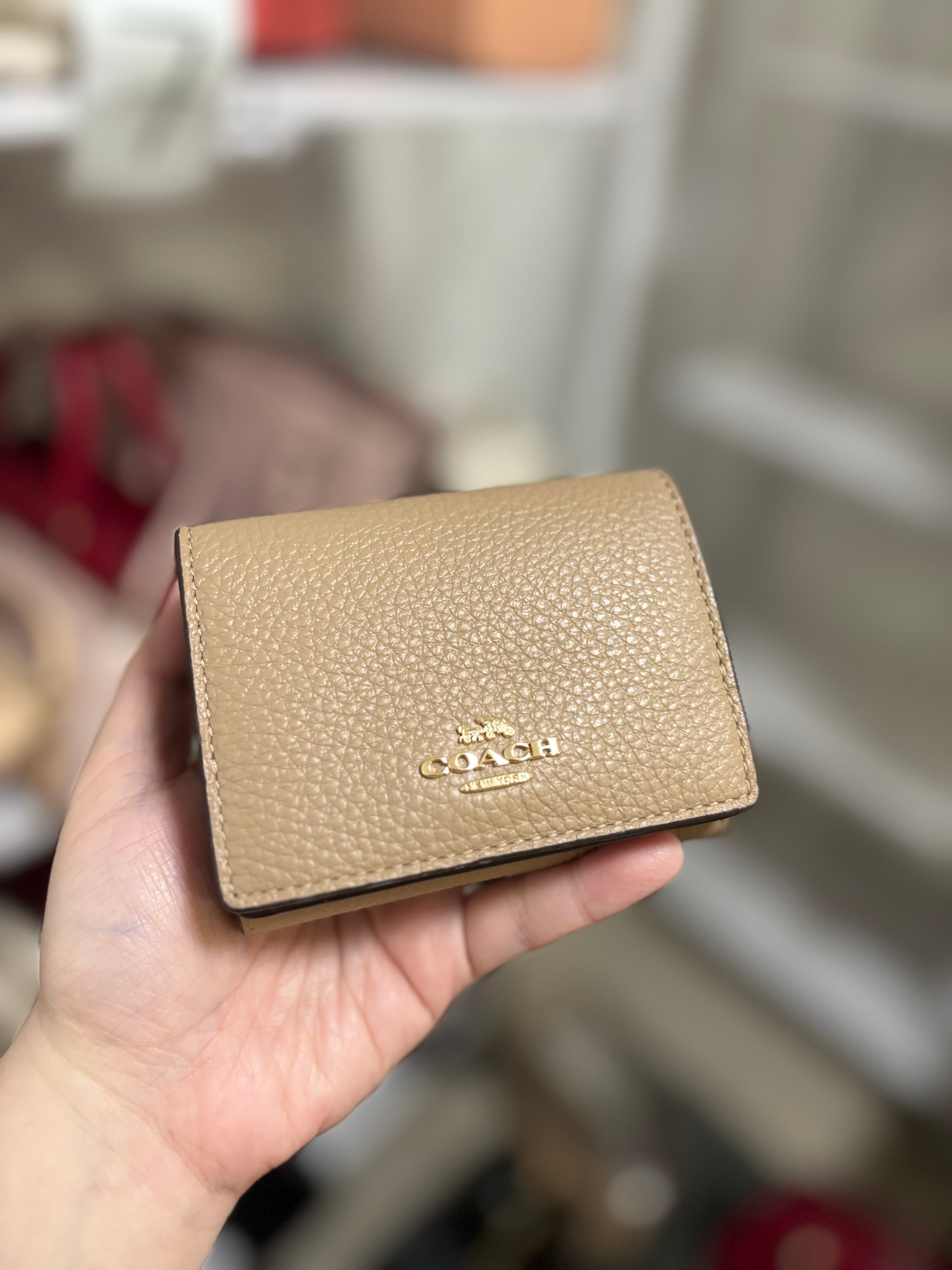 COACH Origami Small Trifold Pebbled Wallet - Beige/Maroon