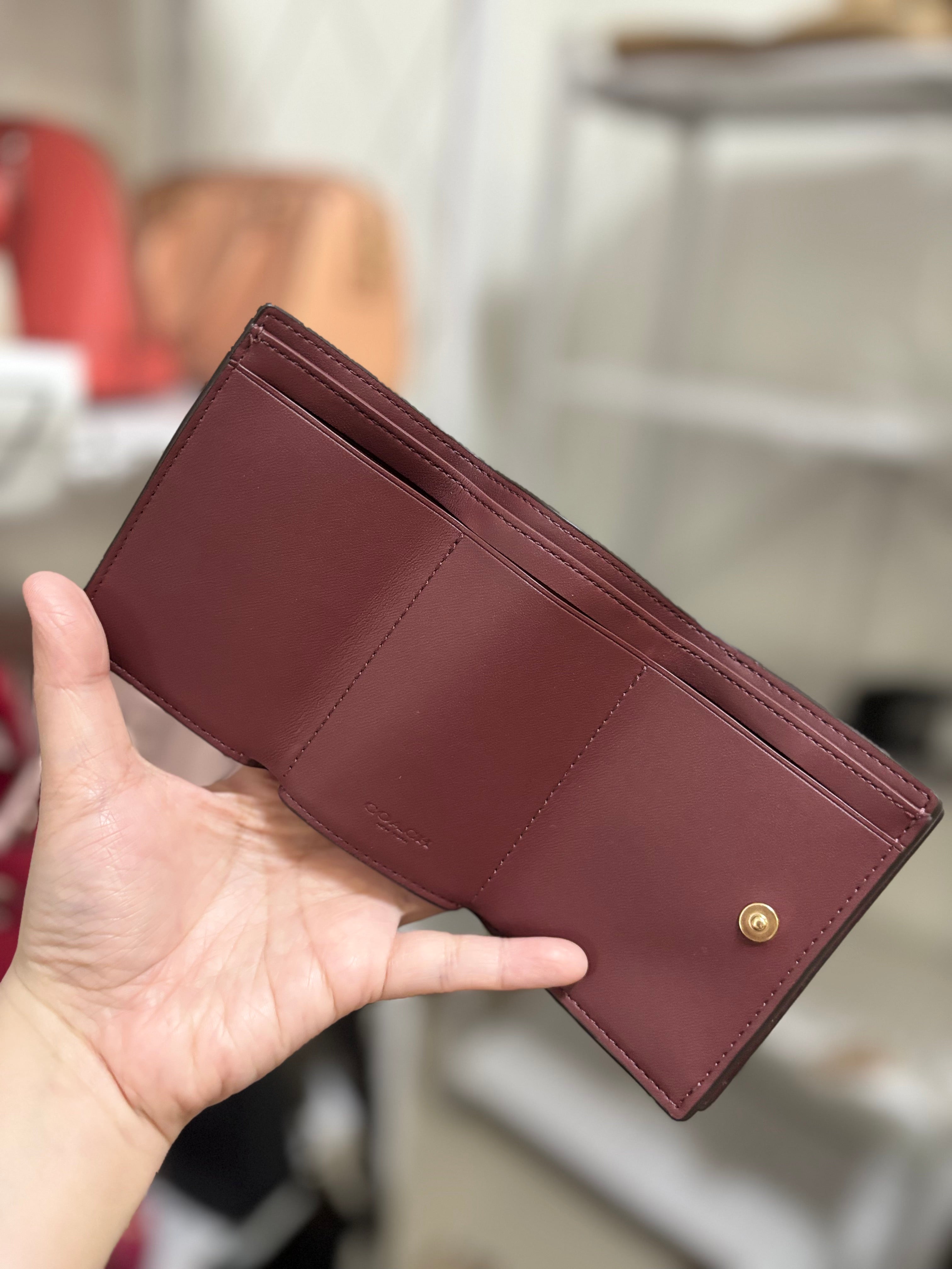 COACH Origami Small Trifold Pebbled Wallet - Beige/Maroon