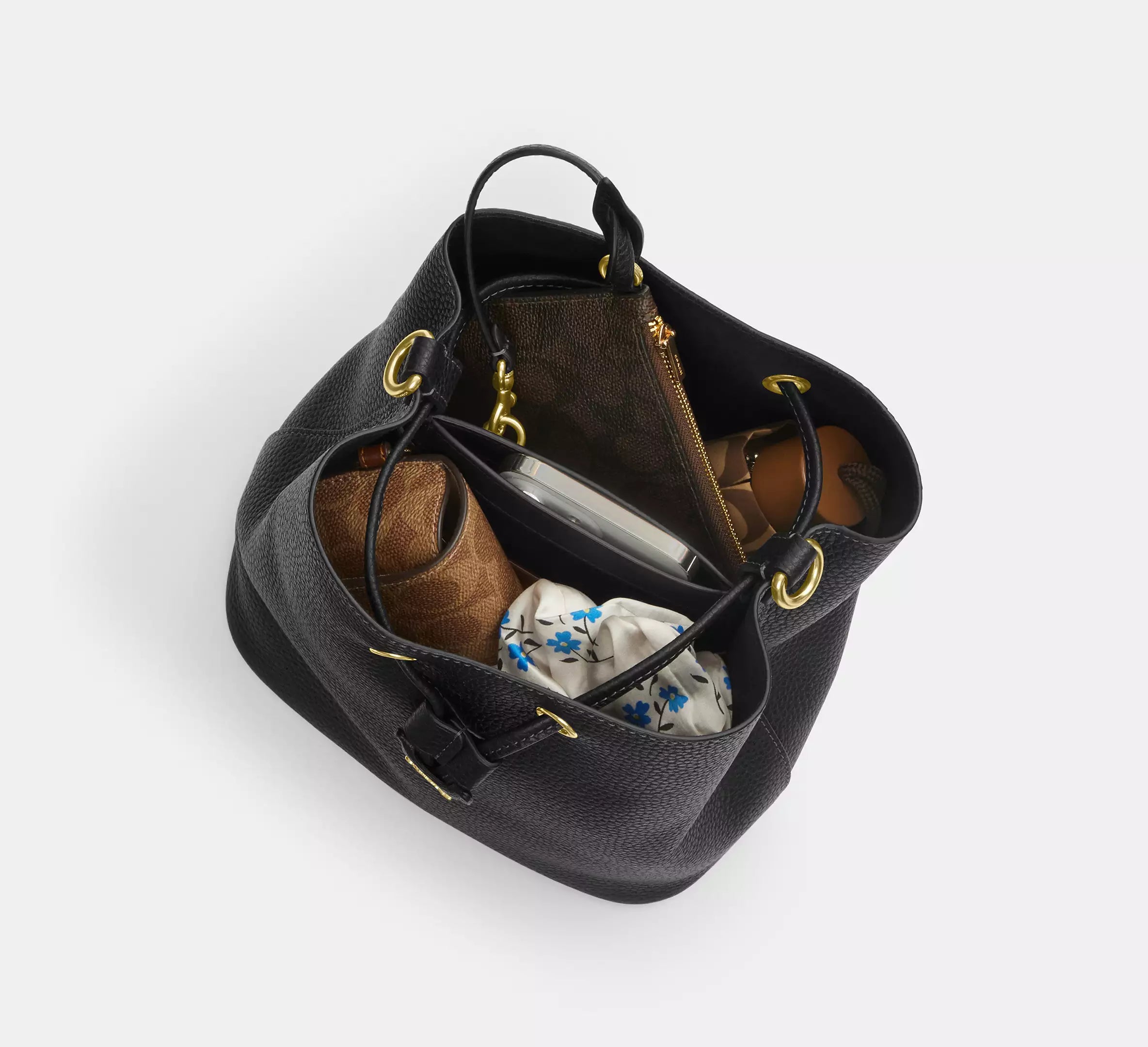 COACH Rowan Bucket Brown Bag In Signature Canvas with Pouch