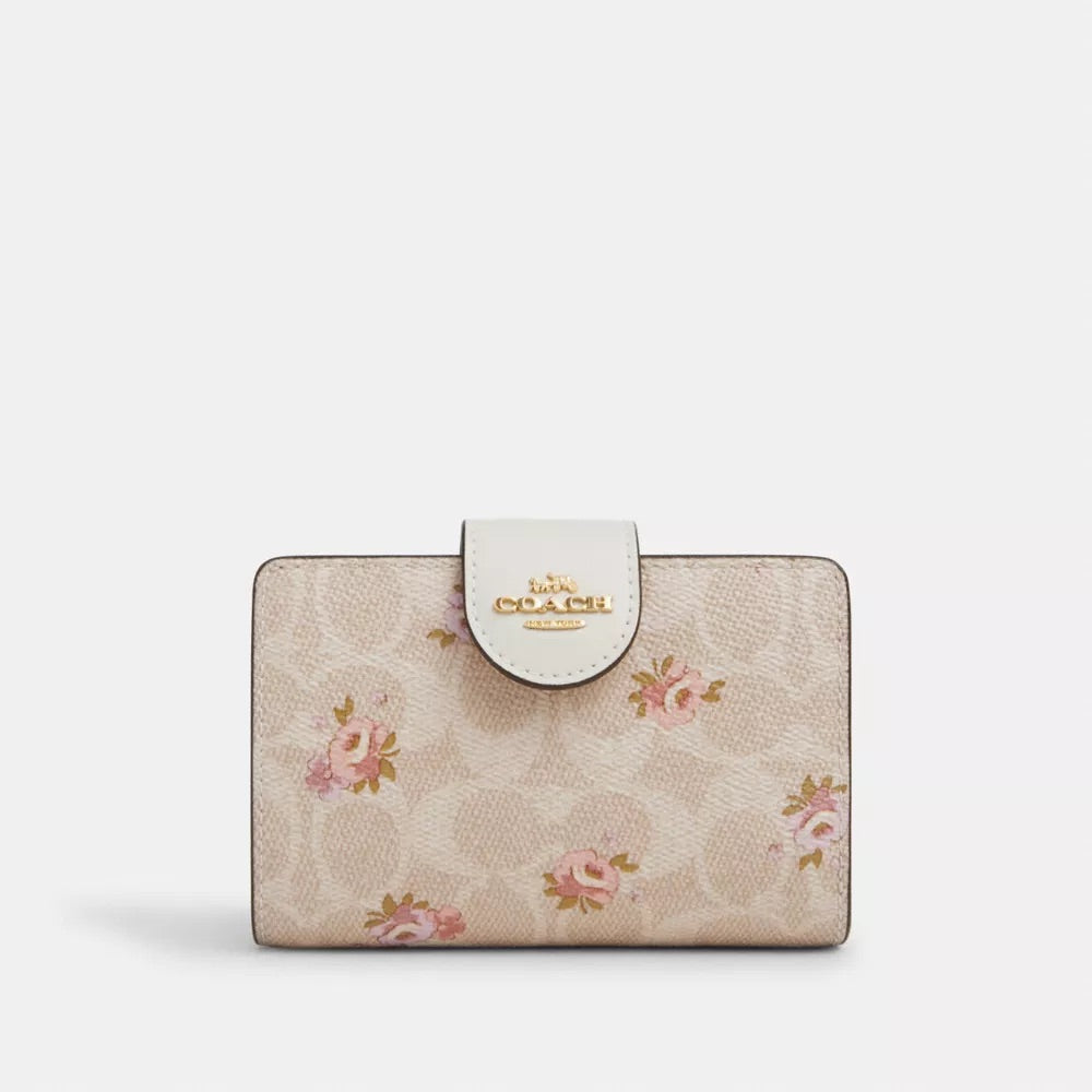 COACH Medium Corner Zip Wallet In Signature Leather - Floral Khaki