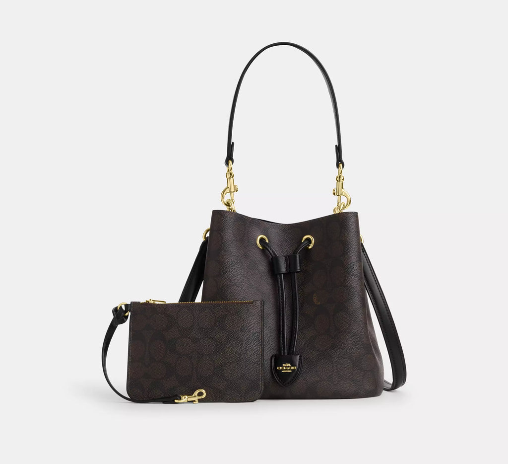 COACH Rowan Bucket Brown Bag In Signature Canvas with Pouch