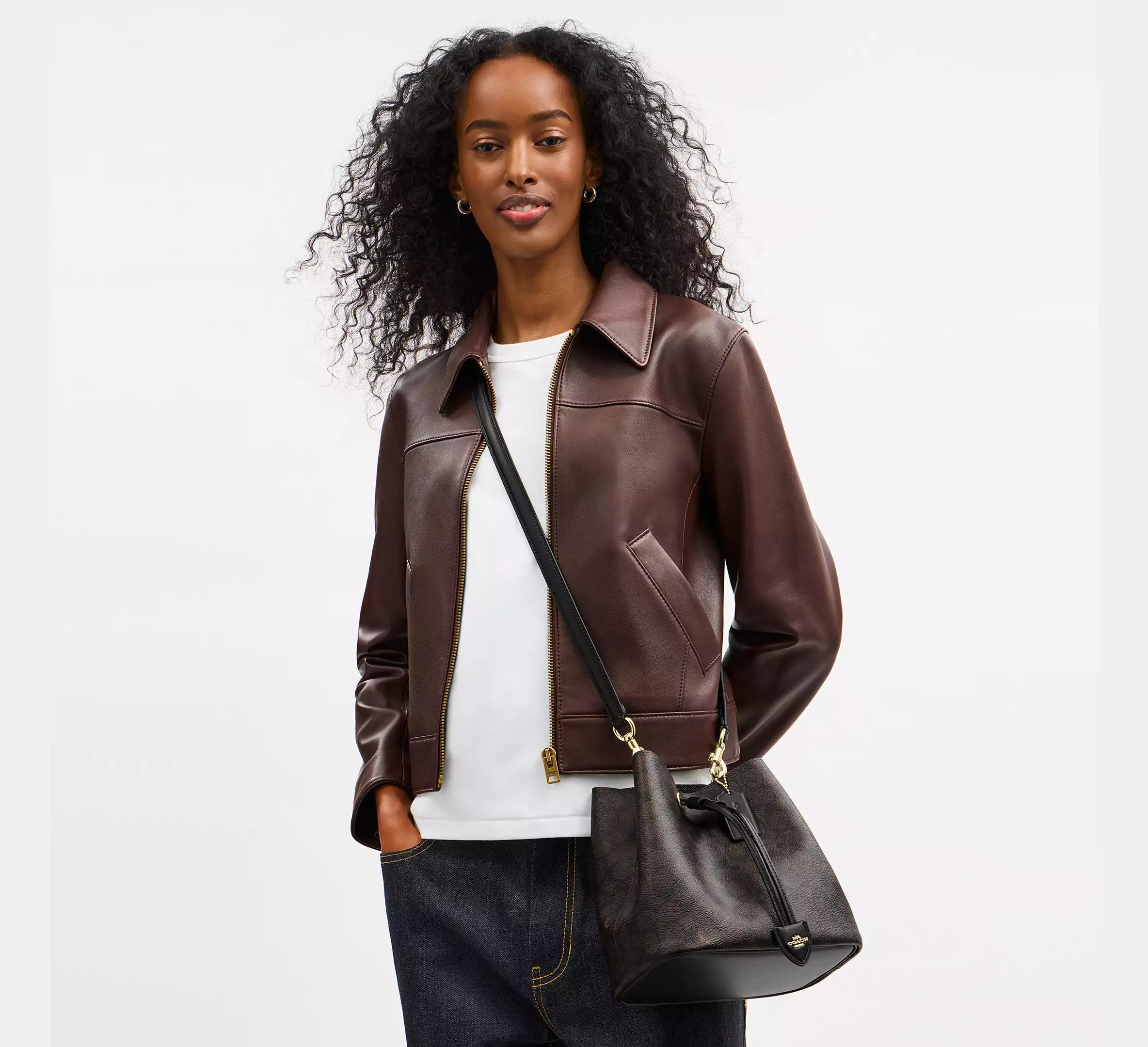 COACH Rowan Bucket Brown Bag In Signature Canvas with Pouch