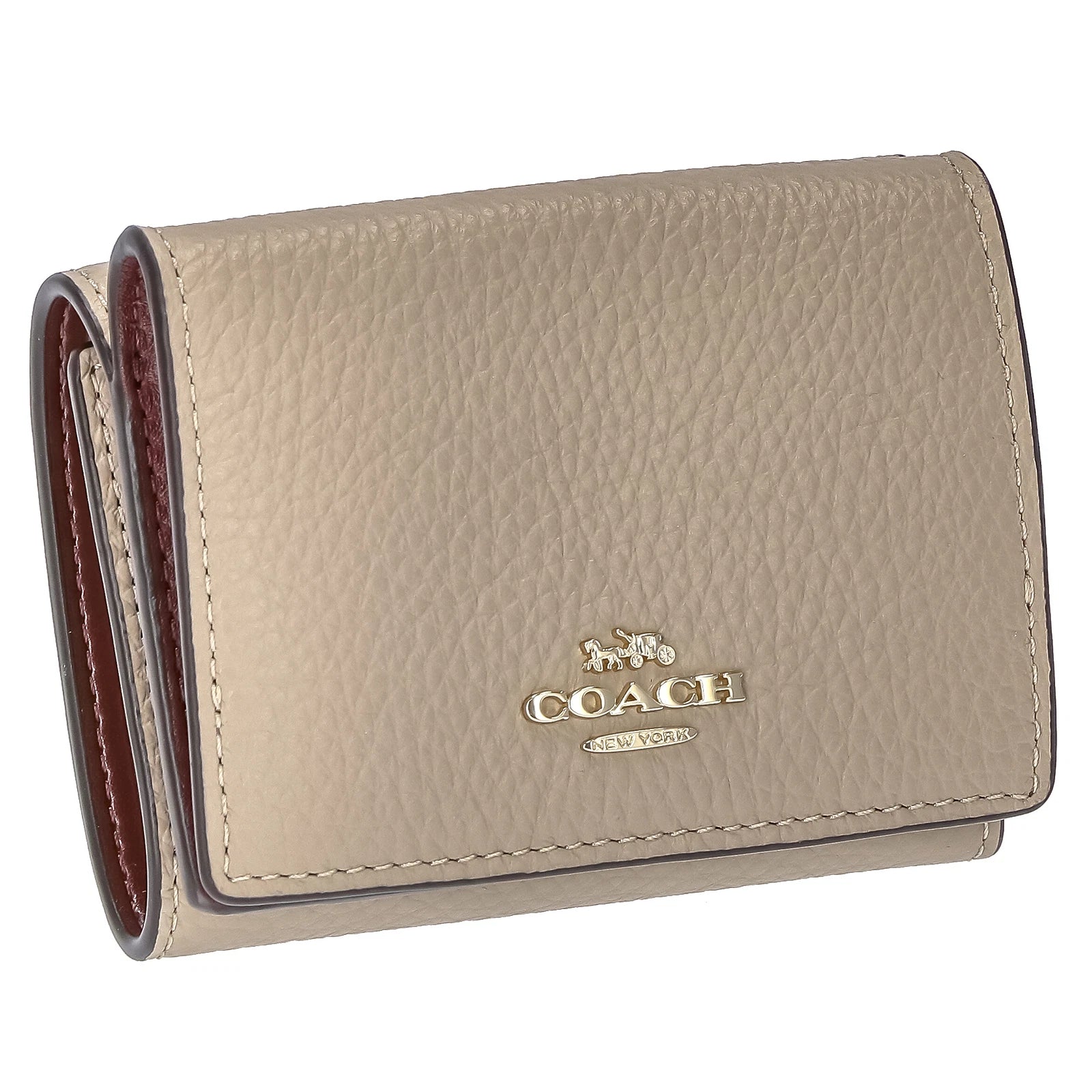 COACH Origami Small Trifold Pebbled Wallet - Beige/Maroon